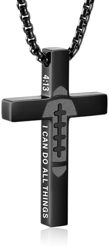 Football Game Day Cross Necklace for Boys Men Cross with Bible Verse Stainless Steel Pendant Chain Football Gear Stuff Christian Religious Christmas Sports Jewelry Gifts for Son Teens Team