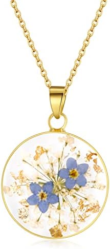 Forget-Me-Not and Queen Anne's Lace Pressed Wildflower Necklace Birth Month Real Flower Necklace Gold/Silver Pressed Flower Jewelry Personalized Handmade Jewelry