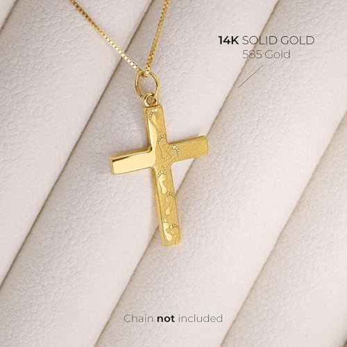 Forme Di Lucchetta - Foot Prints In The Sand Yellow Gold Jesus Cross Pendant/Authentic Christian Jewelry From Italy/for Necklaces (up To 4mm)