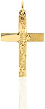 forme di Lucchetta - Foot Prints in the Sand Yellow Gold Jesus Cross Pendant/Authentic Christian Jewelry from Italy/for Necklaces (up to 4mm)