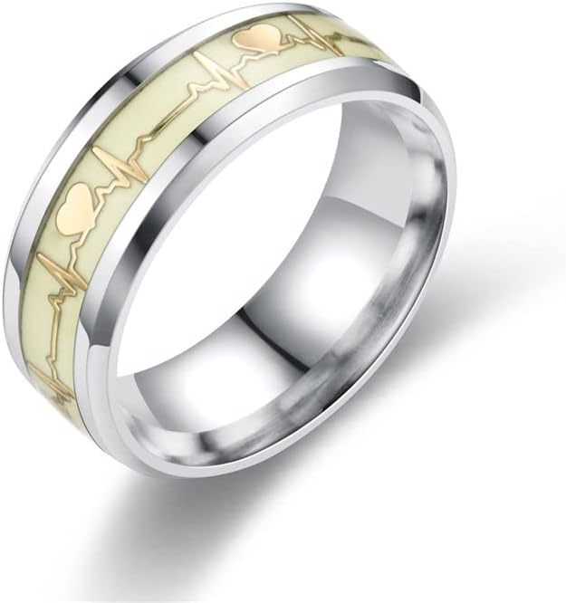 FORUBUS Luminous Ring Heartbeat Pattern Rings Glow In The Dark Creative Rings For Couple Valentine's Day Party Night Memorial Jewelry