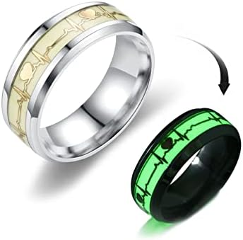 FORUBUS Luminous Ring Heartbeat Pattern Rings Glow in the Dark Creative Rings for Couple Valentine's Day Party Night Memorial Jewelry