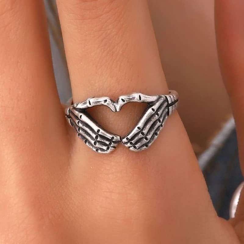 FORUBUS Punk Skull Hand Ring Gothic Love Heart Gesture Skeleton Hand Ring For Rock Biker Halloween Trick Costume Jewelry
