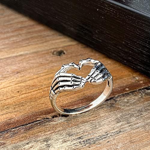 FORUBUS Punk Skull Hand Ring Gothic Love Heart Gesture Skeleton Hand Ring For Rock Biker Halloween Trick Costume Jewelry