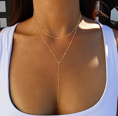 Foxgirl Lariat Gold Necklace For Women Dainty Long Necklace 14k Gold Plated/Silver Y-Shaped Pendant Necklace Trendy Layered Cz Beaded Chain Drop Necklaces Simple Gold Jewelry For Women Gift