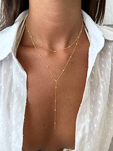 Foxgirl Lariat Gold Necklace For Women Dainty Long Necklace 14k Gold Plated/Silver Y-Shaped Pendant Necklace Trendy Layered Cz Beaded Chain Drop Necklaces Simple Gold Jewelry For Women Gift