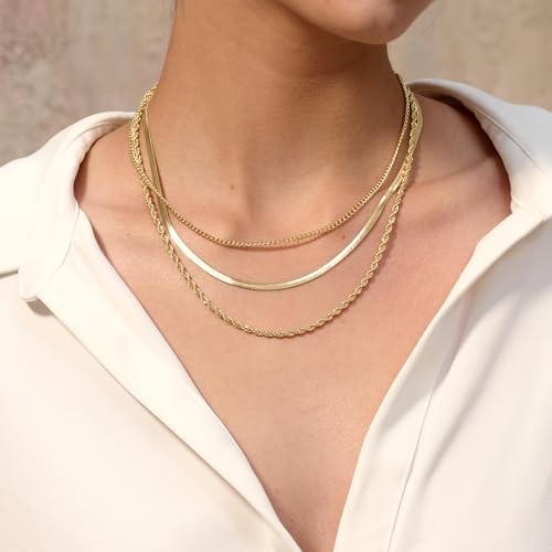 Freekiss Herringbone Necklace For Women Dainty Gold Necklace 14k Gold Plated Snake Gold Chain Choker Necklaces Simple Gold Layered Necklaces Gold Jewelry Gift For Women