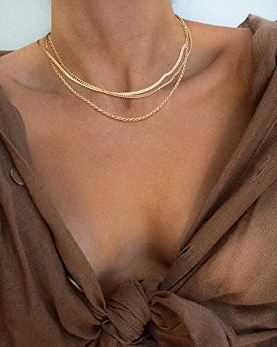 Freekiss Herringbone Necklace For Women Dainty Gold Necklace 14k Gold Plated Snake Gold Chain Choker Necklaces Simple Gold Layered Necklaces Gold Jewelry Gift For Women