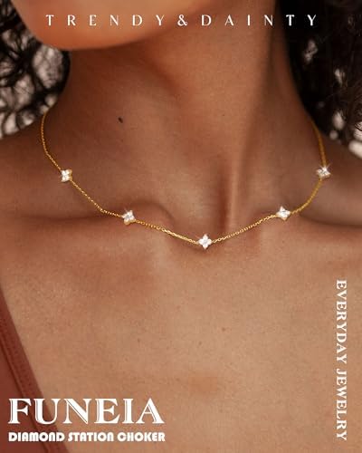 FUNEIA Dainty Silver Gold Necklaces For Women Trendy Non Tarnish 14K Gold Plated Cubic Zirconia Necklace Layered Cute Butterfly Heart Station Choker Necklace Stack For Wedding Prom Brides Jewelry