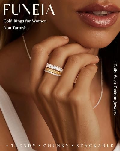 FUNEIA Stackable Gold Rings For Women Non Tarnish Chunky 14K Gold Plated Rings That Don't Tarnish Engagement Cubic Zirconia Ring Set Stack Dainty Pinky Wedding Bands Thumb Rings Gold Jewelry Size 6-11