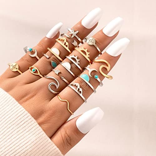 FUTIMELY Boho Retro Stackable Rings Sets For Women Knuckle Joint Finger Knuckle Nail Ring Sets Moon Stars Stack Preppy Statement Rings Cute Trendy Stuff Jewelry