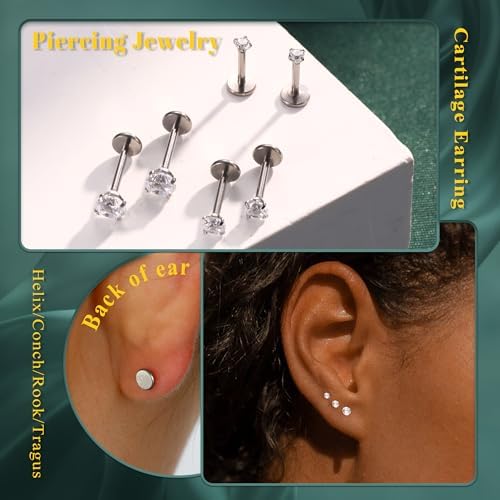 G23 Titanium Flat Back Earrings Hypoallergenic - 14K Gold Filled Internal Thread Stud Earring 16G 18G Cartilage Helix Tragus Conch Piercing Jewelry Nose Lip Labret Studs For Women Men 3 Pairs