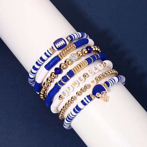 Game Day Bracelets For Women - Red Black Blue Heishi Clay Beaded Stretch Bracelets - Stackable Sports Charm Bracelet Bangles - Football Mom Accessories & Outfits Jewelry Gifts