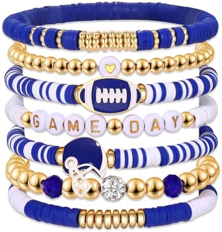 Game Day Bracelets for Women - Red Black Blue Heishi Clay Beaded Stretch Bracelets - Stackable Sports Charm Bracelet Bangles - Football Mom Accessories & Outfits Jewelry Gifts