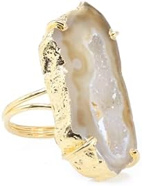 Geode Agate Druzy Slice Adjustable Statement Ring In Gold Plated Brass Stone Size Approximately 20-30 Mm