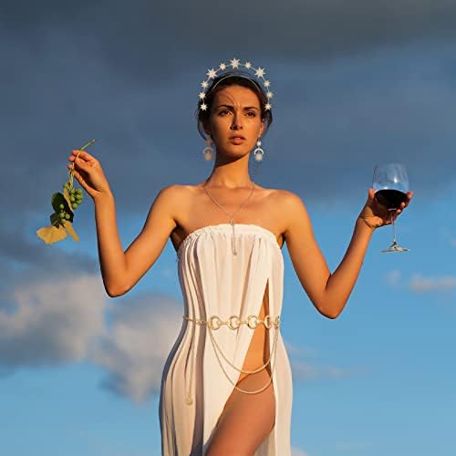Glenmal 4 Pieces Celestial Jewelry Moon Stars Crown Necklaces And Body Chain Headband Drop Earrings For Women