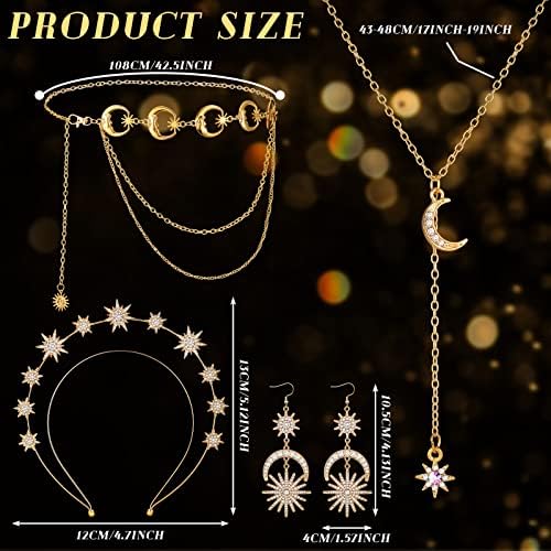 Glenmal 4 Pieces Celestial Jewelry Moon Stars Crown Necklaces And Body Chain Headband Drop Earrings For Women
