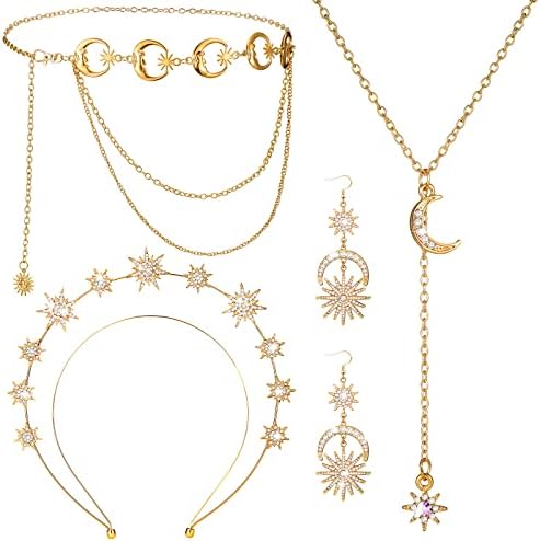 Glenmal 4 Pieces Celestial Jewelry Moon Stars Crown Necklaces and Body Chain Headband Drop Earrings for Women