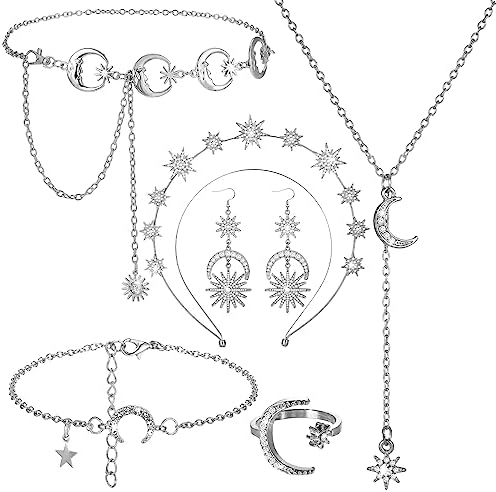 Glenmal 6 Pcs Halloween Crown Moon Star Headband Celestial Earrings Belt Jewelry for Wedding Moon Goddess Costume Accessories