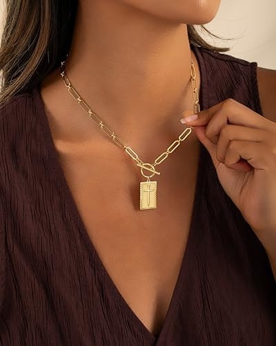Gold And Silver Plated Cross Pendant Necklace For Women Toggle Clasp Rectangle Cross Charm Necklace Dainty Paperclip Chain Religious Jewelry Gift For Christian Faith Baptism First Communion