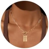 Gold and Silver Plated Cross Pendant Necklace for Women Toggle Clasp Rectangle Cross Charm Necklace Dainty Paperclip Chain Religious Jewelry Gift for Christian Faith Baptism First Communion
