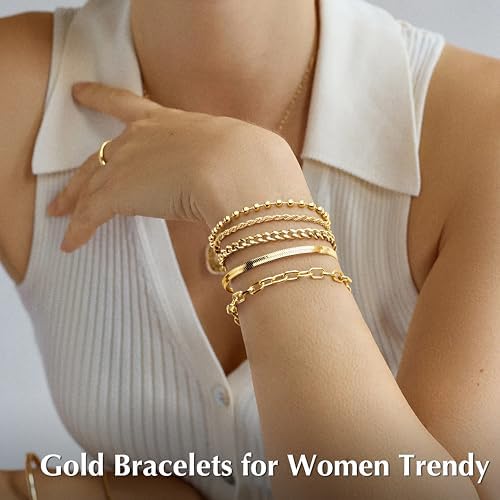 Gold Bracelets For Women Non Tainish Dainty Bracelets Stack For Women Trendy Gold Plated Cuff Bracelets Stack With Beaded Cuban Paperclip Snake Rope Bangle Hand Chain Jewelry Gifts For Women