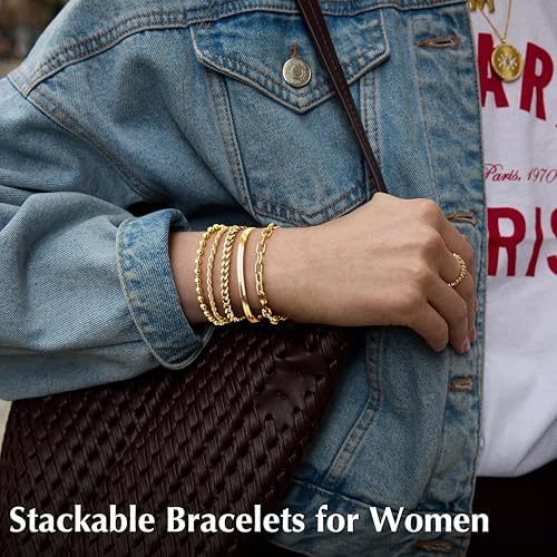 Gold Bracelets For Women Non Tainish Dainty Bracelets Stack For Women Trendy Gold Plated Cuff Bracelets Stack With Beaded Cuban Paperclip Snake Rope Bangle Hand Chain Jewelry Gifts For Women