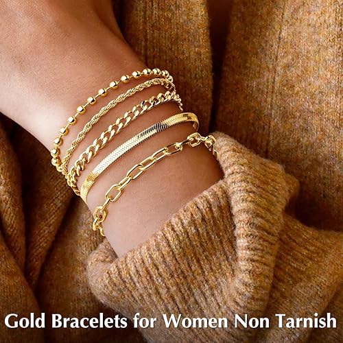 Gold Bracelets For Women Non Tainish Dainty Bracelets Stack For Women Trendy Gold Plated Cuff Bracelets Stack With Beaded Cuban Paperclip Snake Rope Bangle Hand Chain Jewelry Gifts For Women