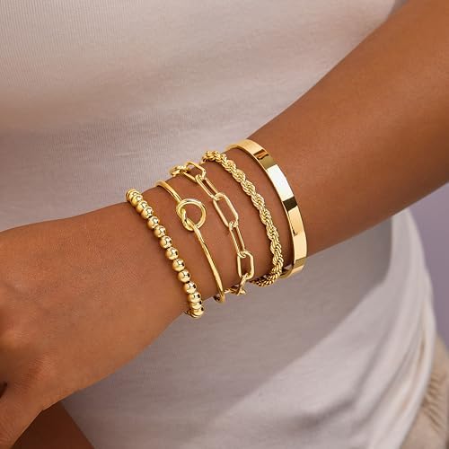 Gold Bracelets For Women Non Tarnish 14K Gold Plated Chunky Cuff Bracelet Gold Bangles Bracelet For Women Trendy Tie Knot Cuban Rope Paperclip Beaded Bracelet Stack Jewelry Gifts