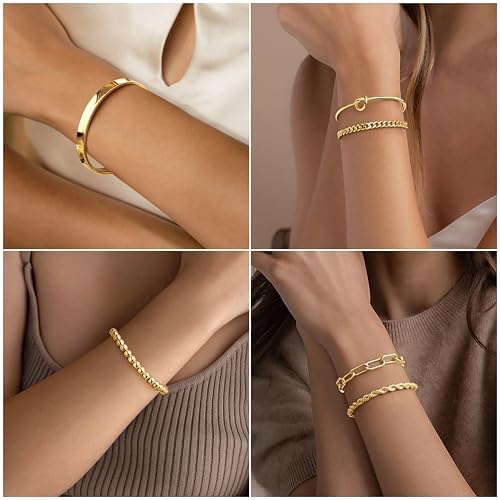 Gold Bracelets For Women Non Tarnish 14K Gold Plated Chunky Cuff Bracelet Gold Bangles Bracelet For Women Trendy Tie Knot Cuban Rope Paperclip Beaded Bracelet Stack Jewelry Gifts