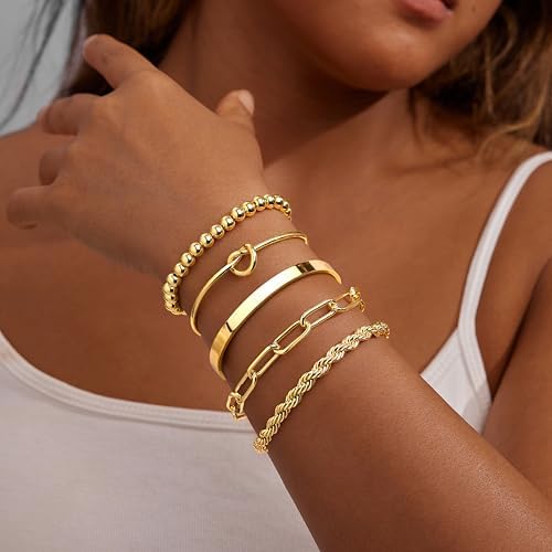 Gold Bracelets For Women Non Tarnish 14K Gold Plated Chunky Cuff Bracelet Gold Bangles Bracelet For Women Trendy Tie Knot Cuban Rope Paperclip Beaded Bracelet Stack Jewelry Gifts