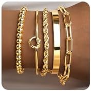 Gold Bracelets for Women Non Tarnish 14K Gold Plated Chunky Cuff Bracelet Gold Bangles Bracelet for Women Trendy Tie Knot Cuban Rope Paperclip Beaded Bracelet Stack Jewelry Gifts