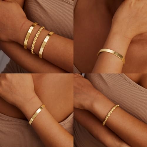 Gold Bracelets For Women Non Tarnish Dainty 14K Gold Plated Bangle Cuff Bracelets Stack For Women Waterproof Stackable Bracelet Gold Jewelry Trendy Gifts Adjustable