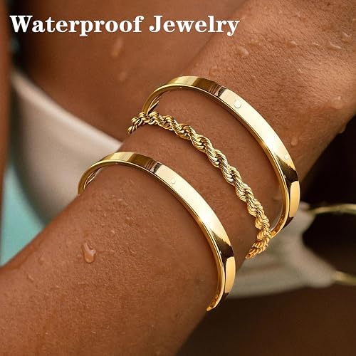 Gold Bracelets For Women Non Tarnish Dainty 14K Gold Plated Bangle Cuff Bracelets Stack For Women Waterproof Stackable Bracelet Gold Jewelry Trendy Gifts Adjustable