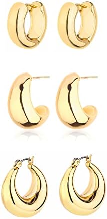 Gold Chunky Hoop Earrings Set for Women 14K Gold Plated Twisted Huggie Hoop Earring Hypoallergenic Thick Open Hoops Set Lightweight