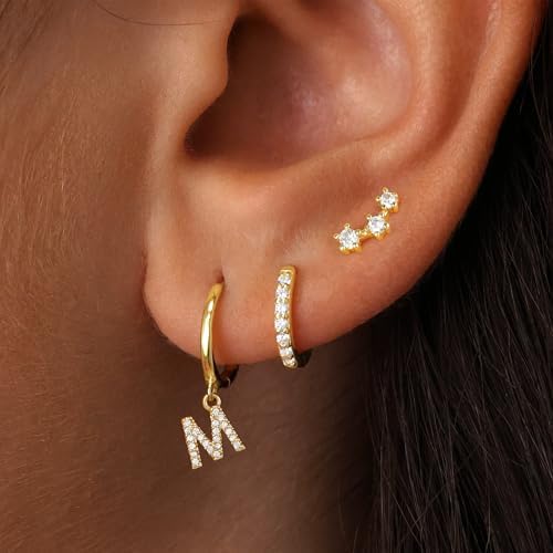 Gold Earrings For Women Girls - 3 Pairs Gold Huggie Hoop Earrings For Girls With Initial Dangle Cartilage Earrings Studs Hypoallergenic Earring Set For Multiple Piercing Gifts For Women Girl