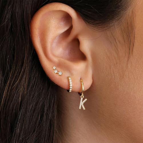 Gold Earrings For Women Girls - 3 Pairs Gold Huggie Hoop Earrings For Girls With Initial Dangle Cartilage Earrings Studs Hypoallergenic Earring Set For Multiple Piercing Gifts For Women Girl