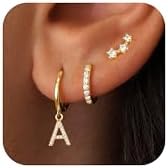 Gold Earrings for Women Girls - 3 Pairs Gold Huggie Hoop Earrings for Girls with Initial Dangle Cartilage Earrings Studs Hypoallergenic Earring Set for Multiple Piercing Gifts for Women Girl