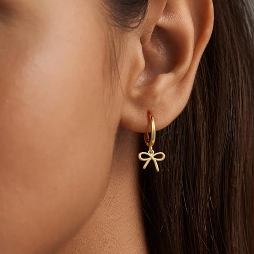 Gold Earrings For Women Girls - Gold Bow Earrings For Women Jewelry Huggie Hoop Stud Earrings Hypoallergenic Cute Cubic Zirconia Pearl Drop Bow Earring Gifts For Girls Wedding Birthday Gifts