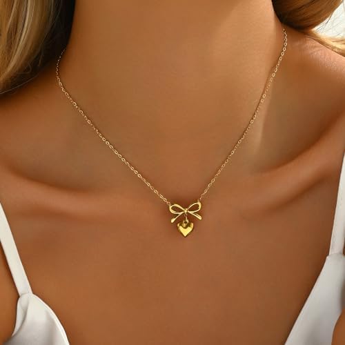 Gold Heart Bow Necklace For Women 18K Gold Plated Dainty Tiny CZ Bow Bow With Pearl Pendant Necklace Trendy Jewelry Gifts