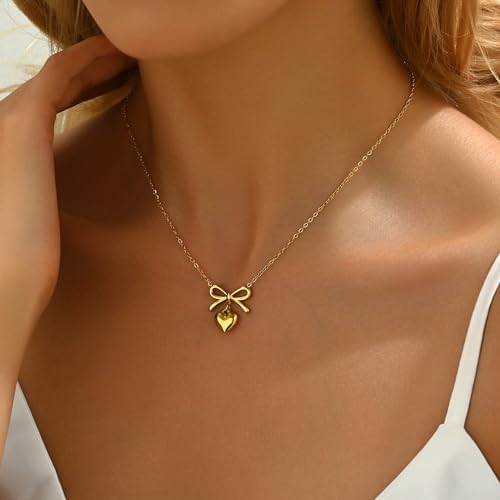 Gold Heart Bow Necklace For Women 18K Gold Plated Dainty Tiny CZ Bow Bow With Pearl Pendant Necklace Trendy Jewelry Gifts