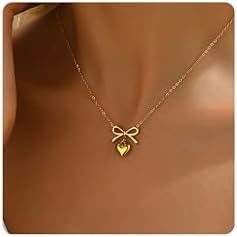 Gold Heart Bow Necklace for Women 18K Gold Plated Dainty Tiny CZ Bow Bow with Pearl Pendant Necklace Trendy Jewelry Gifts