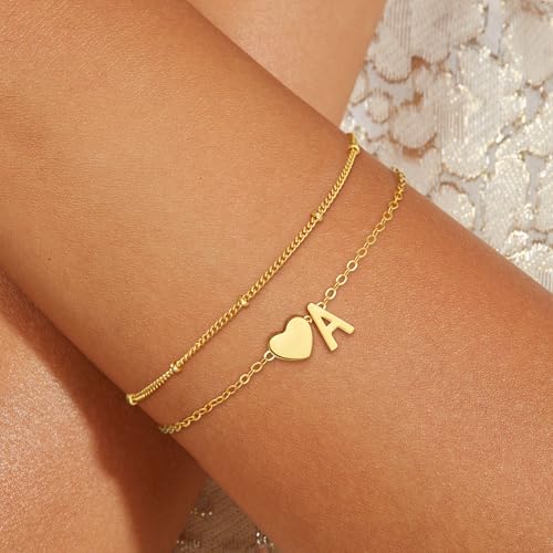 Gold Initial Bracelets For Women Girls - 14K Gold Plated Heart Initial Bracelet Teen Girl Gifts Trendy Stuff Dainty Gold Bracelets For Women Girls Trendy Jewelry Gifts