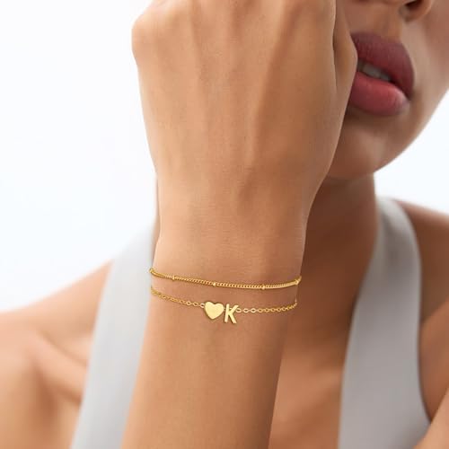 Gold Initial Bracelets For Women Girls - 14K Gold Plated Heart Initial Bracelet Teen Girl Gifts Trendy Stuff Dainty Gold Bracelets For Women Girls Trendy Jewelry Gifts