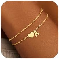 Gold Initial Bracelets for Women Girls - 14K Gold Plated Heart Initial Bracelet Teen Girl Gifts Trendy Stuff Dainty Gold Bracelets for Women Girls Trendy Jewelry Gifts