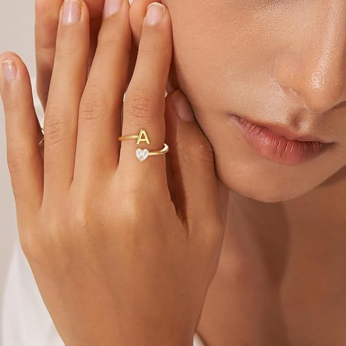 Gold Initial Rings For Women Girls - 18K Gold Plated Adjustable Letter A-Z Initial Ring Dainty Heart Zirconia Rings For Women Teen Girl Gifts