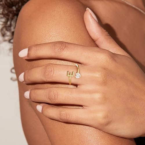 Gold Initial Rings For Women Girls - 18K Gold Plated Adjustable Letter A-Z Initial Ring Dainty Heart Zirconia Rings For Women Teen Girl Gifts