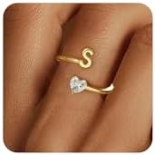 Gold Initial Rings for Women Girls - 18K Gold Plated Adjustable Letter A-Z Initial Ring Dainty Heart Zirconia Rings for Women Teen Girl Gifts