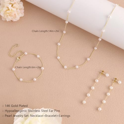 Gold Jewelry Set For Women Dainty 14K Gold/Silver Plated Pearl Necklace And Earring Set With Drop Earrings Bracelets Choker Necklace - Wedding Jewelry Gift