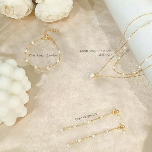 Gold Jewelry Set For Women - Dainty 14K Gold/Silver Plated Pearl Choker Necklace Drop Earrings & Bracelets - Wedding Trendy Pearl Jewelry Gift
